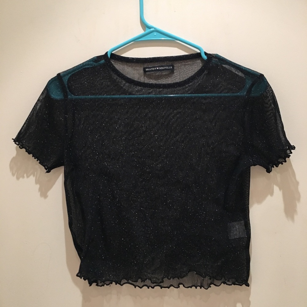 Brandy Melville Pack-sparkly shirt+sticker+hairtie